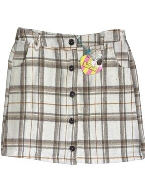 Hayden Girls Plaid Button Front Mini Skirt XL NWT Cream Brown Wool Blend